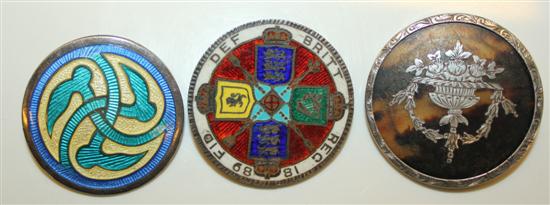 Silver and enamel brooch, silver and enamel coin and a silver and tortoiseshell brooch